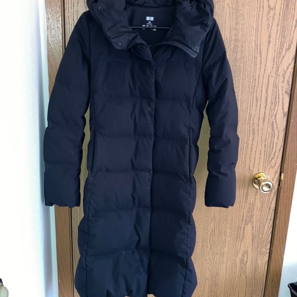 Uniqlo Long Length Black Hooded Puffer Jacket